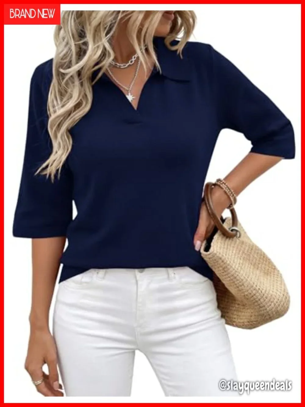 Women's Knit Polo Sweater with 3/4 Sleeve